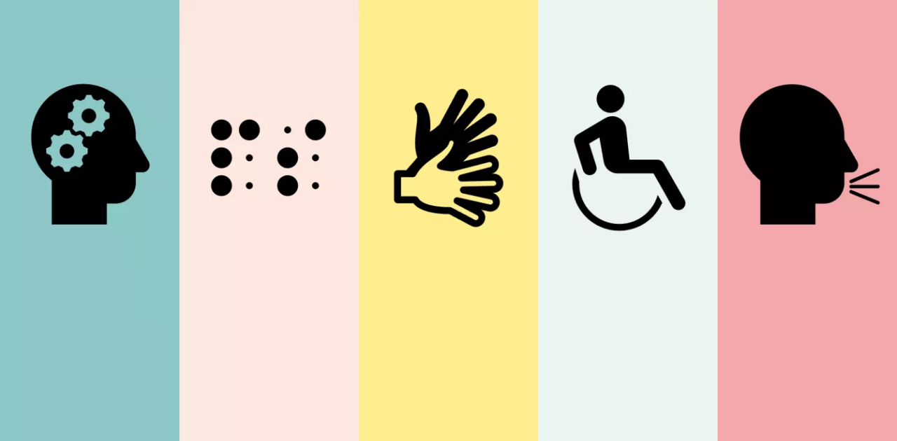 Ilustrasi desain aksesibilitas: pengguna dengan kursi roda, screen reader, dan layout kontras tinggi