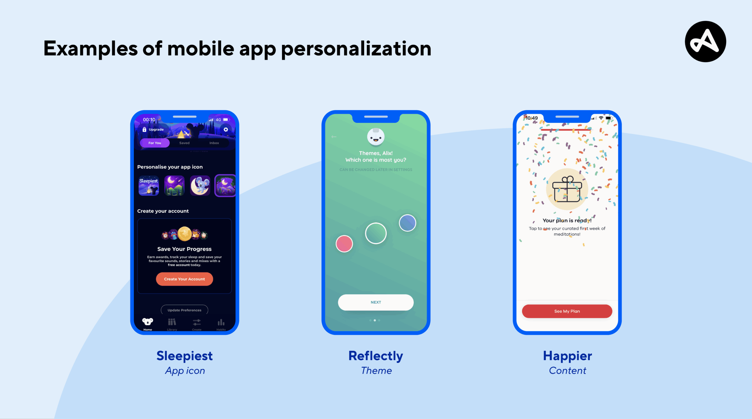 Contoh personalized UI dengan rekomendasi konten, tampilan dashboard yang berubah, dan preferensi pengguna di aplikasi mobile
