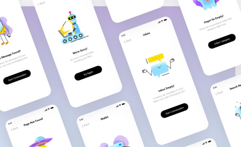 Perbandingan visual empty state dan error state dalam aplikasi mobile dengan ilustrasi dan microcopy jelas